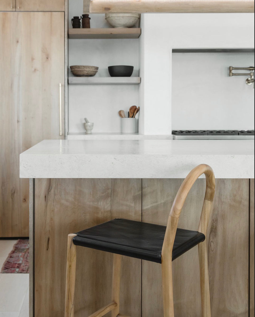 Julia Barstool, Black Leather w/ Natural Teak Wood Anna Hislop Home