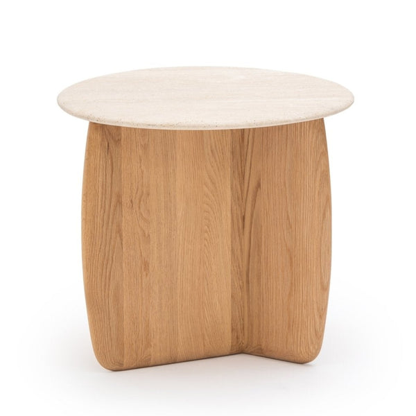 Eden Side Table, Light Oak/Travertine, 21.7" Dia × 19.7"H