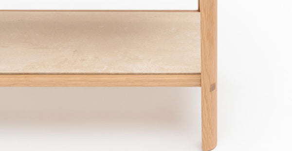 Nell Console Table, Light Oak with Travertine Shelf, 63"W × 13.75"D × 29.5"H