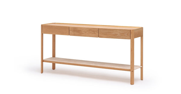 Nell Console Table, Light Oak with Travertine Shelf, 63"W × 13.75"D × 29.5"H