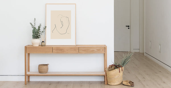 Nell Console Table, Light Oak with Travertine Shelf, 63"W × 13.75"D × 29.5"H