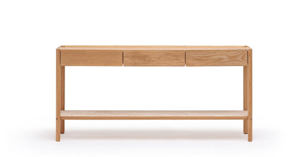 Nell Console Table, Light Oak with Travertine Shelf, 63"W × 13.75"D × 29.5"H