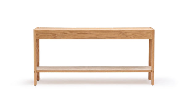 Nell Console Table, Light Oak with Travertine Shelf, 63"W × 13.75"D × 29.5"H