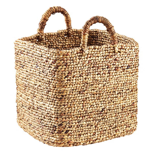 Braided Water Hyacinth Storage Cube with Handles, 15.5" Dia
