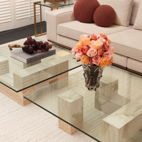 Ikal Coffee Table, Travertine/Clear Glass, 39.4″ W x 39.4″