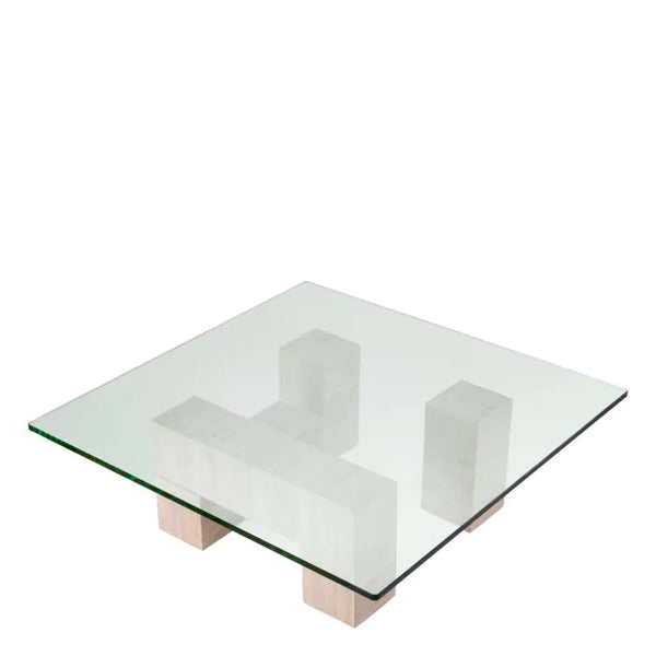 Ikal Coffee Table, Travertine/Clear Glass, 39.4″ W x 39.4″