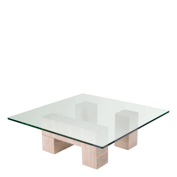 Ikal Coffee Table, Travertine/Clear Glass, 39.4″ W x 39.4″