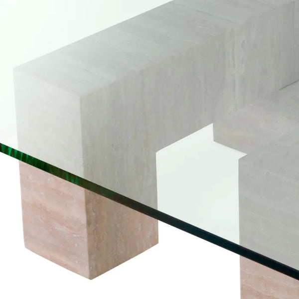 Ikal Coffee Table, Travertine/Clear Glass, 39.4″ W x 39.4″