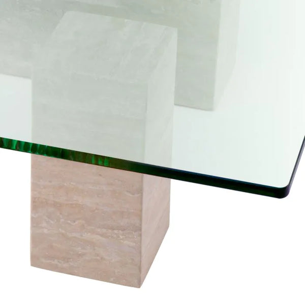 Ikal Coffee Table, Travertine/Clear Glass, 39.4″ W x 39.4″
