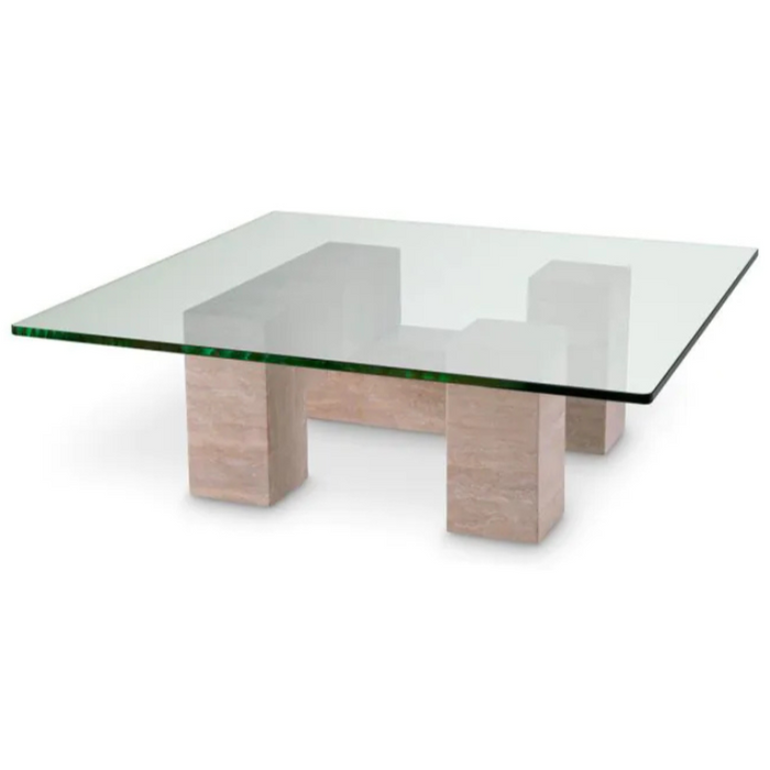 Ikal Coffee Table, Travertine/Clear Glass, 39.4″ W x 39.4″