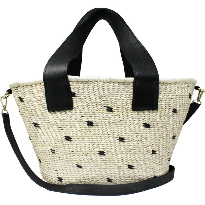 Dots Maxi Canasta Straw Bag with Leather Handles and Removable Crossbody Leather Handles, Black