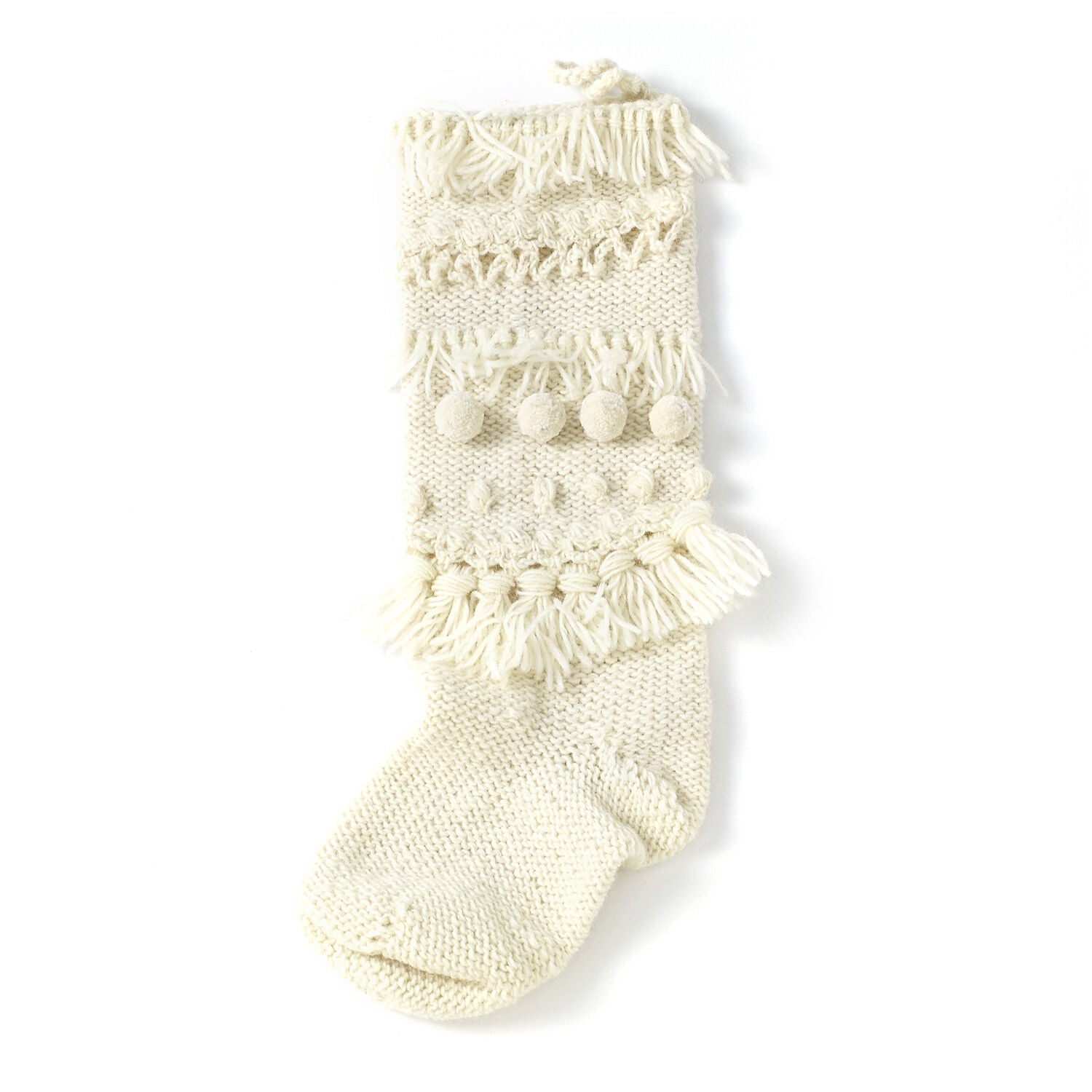 Hand Knit Stocking, White, 6.25"x 20"