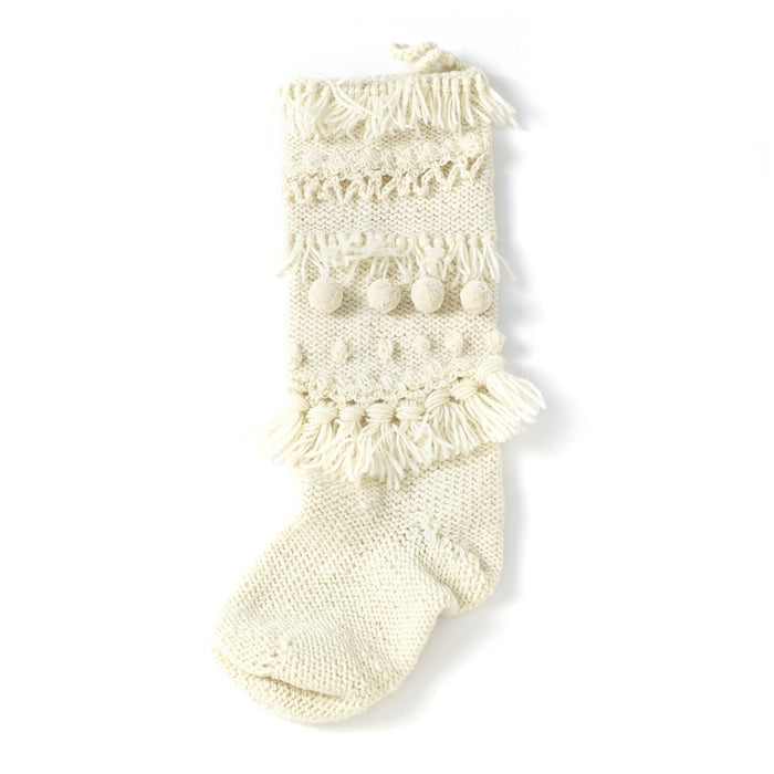 Hand Knit Stocking, White, 6.25"x 20"
