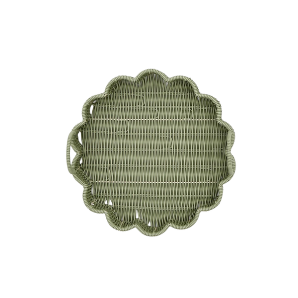 All Weather Wicker Scalloped Edge Green Round Serving Tray, 2 Sizes, Sold Separately