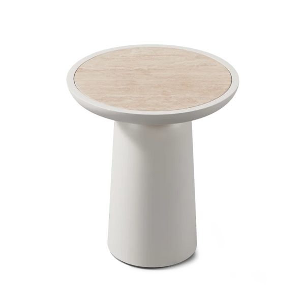 Nova Round Side Table, Aluminum Bone/Travertine Natural