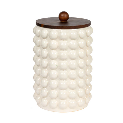 Stoneware Canister w/ Raised Dots & Acacia Wood Lid