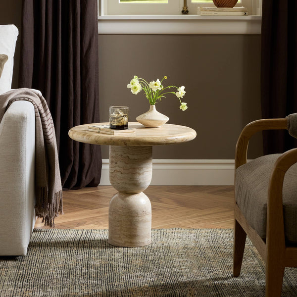 Figueroa End Table - Light Beige Travertine, 21"Dia