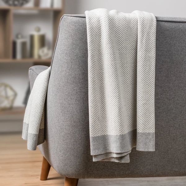 Herringbone Jacquard Knit Cotton Throw - Grey