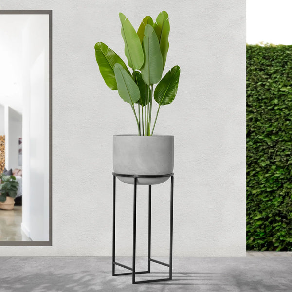 Aria Polystone Cement Grey 37" Basin Planter on Metal Stand