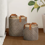Pandan Chevron Round Storage Basket with Faux Leather Handles