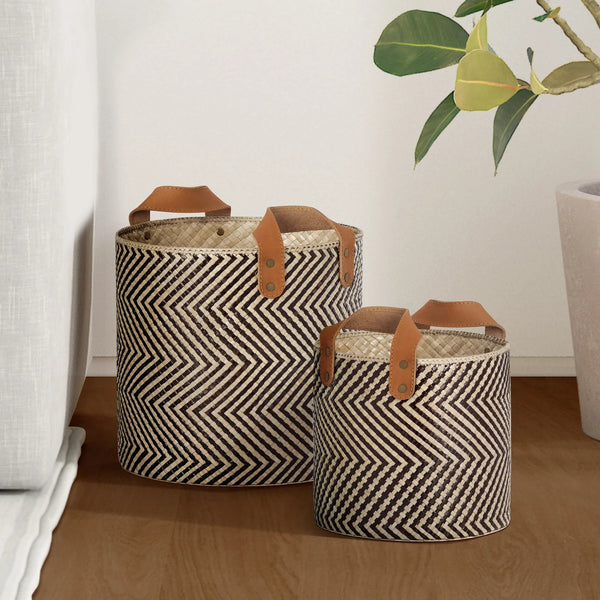 Pandan Chevron Round Storage Basket with Faux Leather Handles