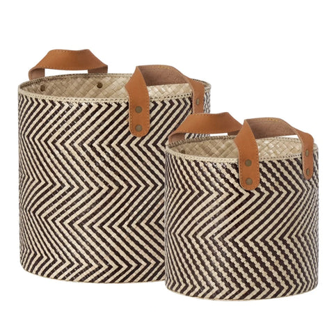 Pandan Chevron Round Storage Basket with Faux Leather Handles