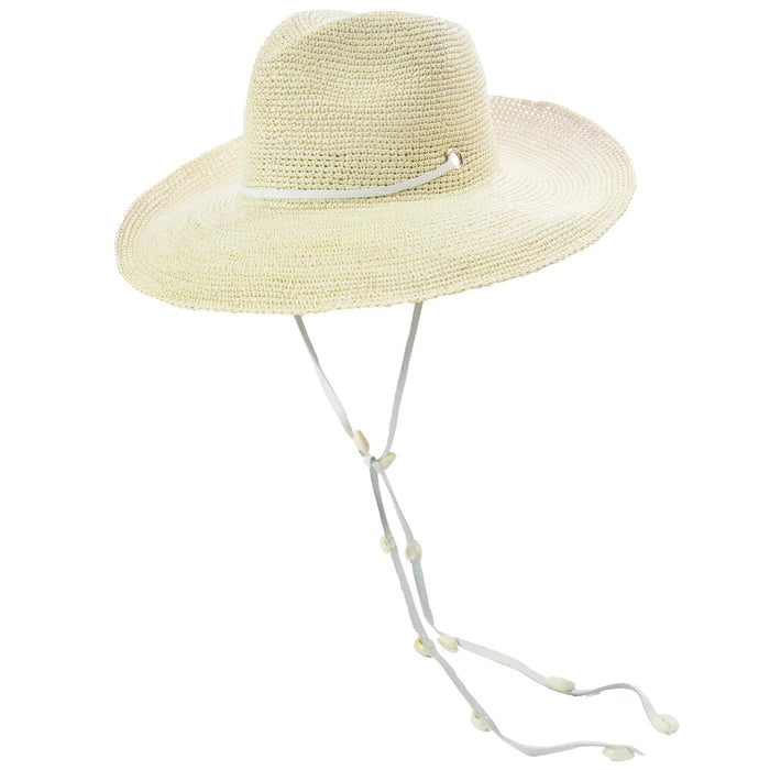Long brim crochet Panama hat with adjustable leather band