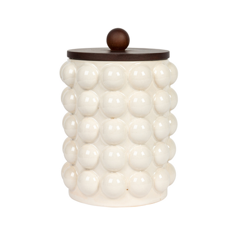 Stoneware Canister w/ Raised Dots & Acacia Wood Lid & Natural