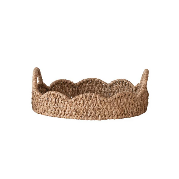 Decorative Braided Bankuan & Rattan Trays w/ Scalloped Edge & Handles, 3 Sizes