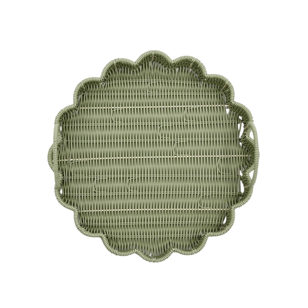 All Weather Wicker Scalloped Edge Green Round Serving Tray, 2 Sizes, Sold Separately