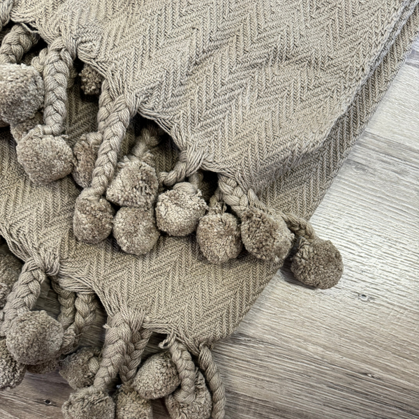 Cotton Throw With Pom Pom, Coffee
