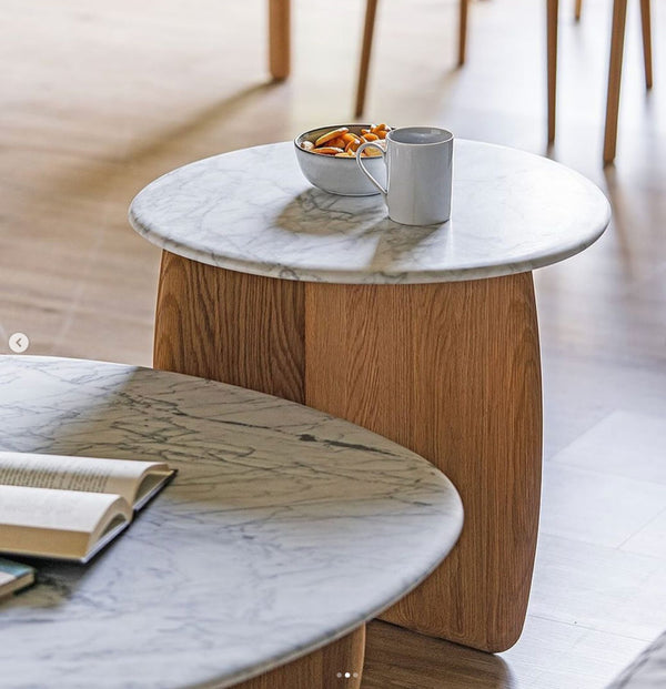 Eden Side Table, Light Oak, Marble, 21.7" Dia × 19.7"H