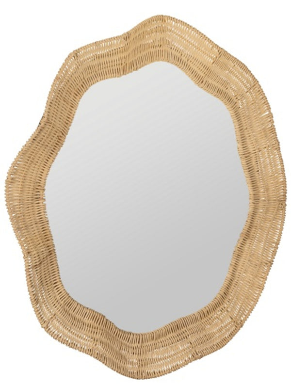Scalloped Linden Round Wall Mirror, Natural Rattan, 34.5" x 32.25"