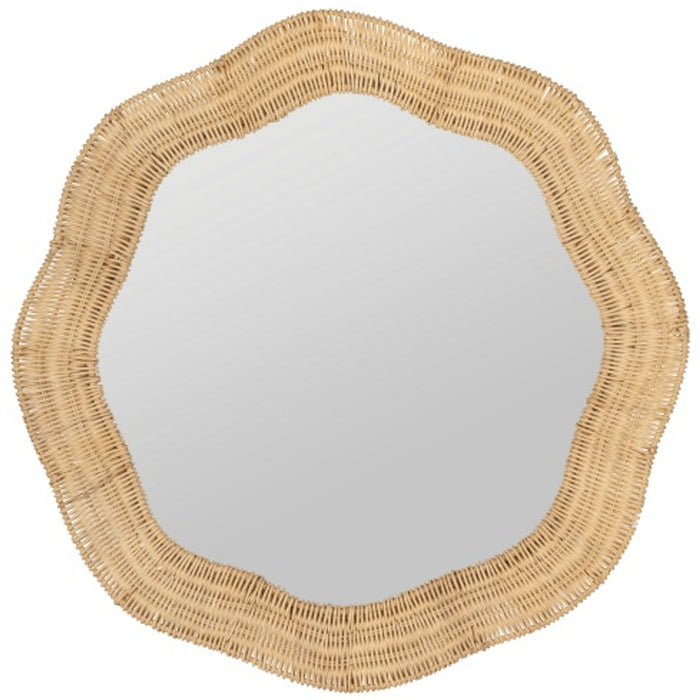 Scalloped Linden Round Wall Mirror, Natural Rattan, 34.5" x 32.25"