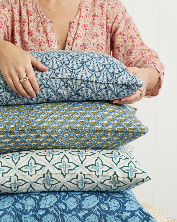 Baku Azure Linen Cushion, 14" x 22"