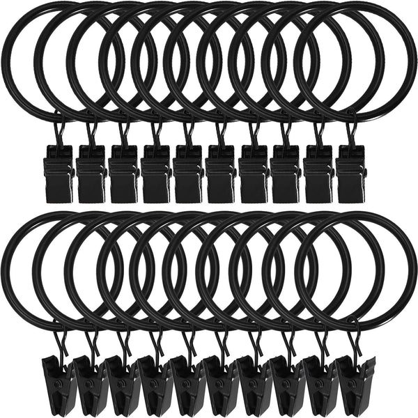 Metal Curtain Rings with Clips, Black, 20 Pack