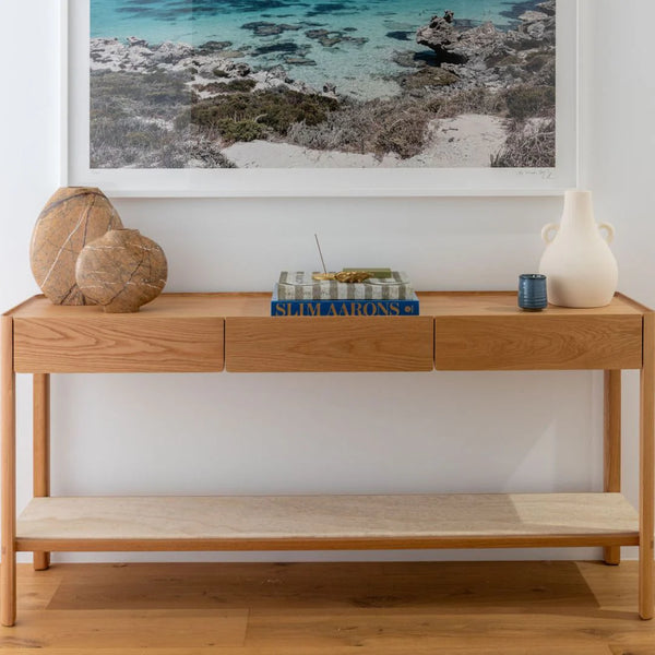 Nell Console Table, Light Oak with Travertine Shelf, 63"W × 13.75"D × 29.5"H