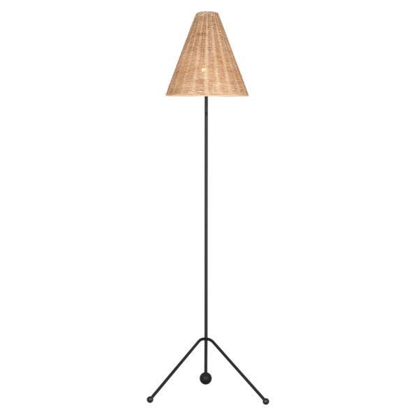Gustav Medium Floor Lamp, Aged Iron with Blonde Rattan Shade