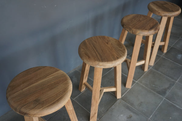 Reclaimed Teak Round Counter Stool, 14"Dia x 24"H