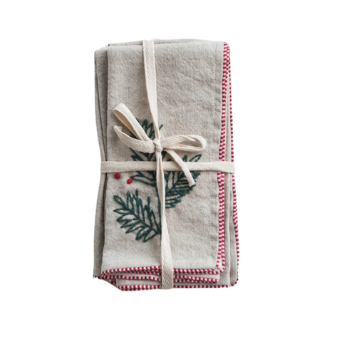 Cotton & Linen Napkins w/ Hand-Embroidered Holly & French Knots, Set of 4