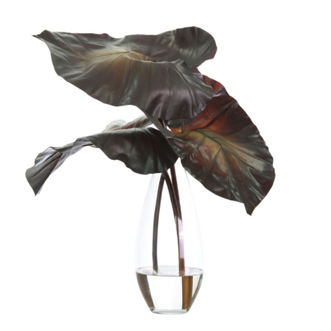 Taro Leaf, Burgundy Green, Glass Vase Faux Watergarden, 25"