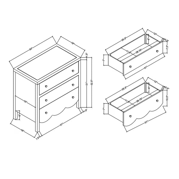 Maribelle Scallop 3 Drawer Dresser - Slate Blue, 34"W