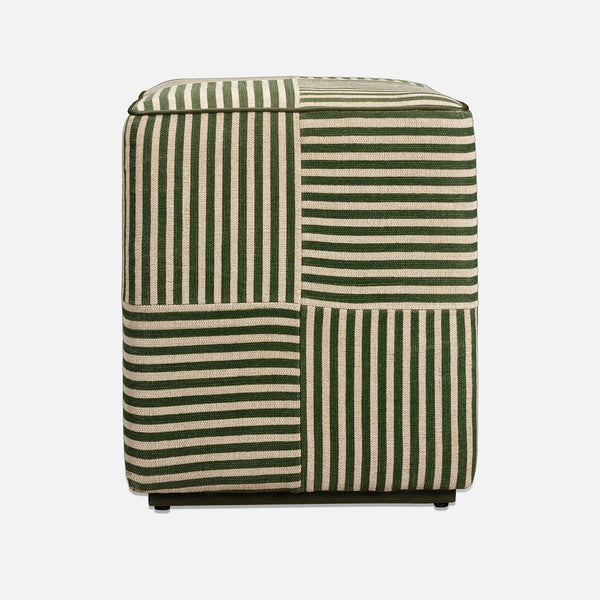 Baxter Stool, Emerald Striped Jute/Forest Full-Grain Leather, 16"L x 16"W x 18"H
