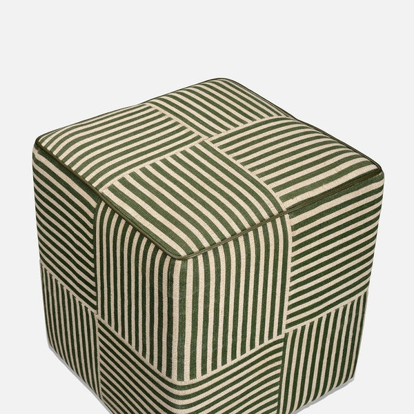 Baxter Stool, Emerald Striped Jute/Forest Full-Grain Leather, 16"L x 16"W x 18"H