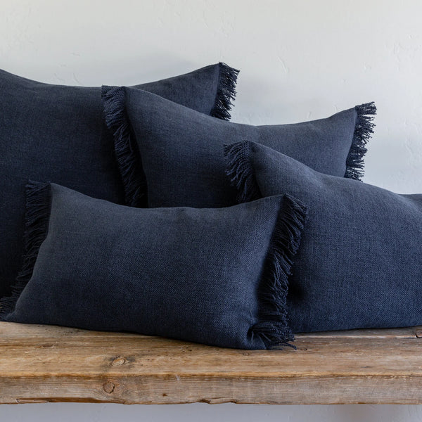 Belgian Linen Fringe Pillow - Denim Blue, 22 X 22"
