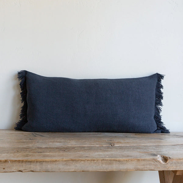 Denim Blue Belgian Linen Fringe Pillow (Lumbar) 16" X 32"