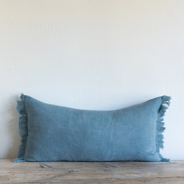 Belgian Linen Fringe Lumbar, Luna Blue, 16" x 32"