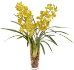Green Orchid Cymbidium Silk Arrangement in Glass Square Vase, 32"