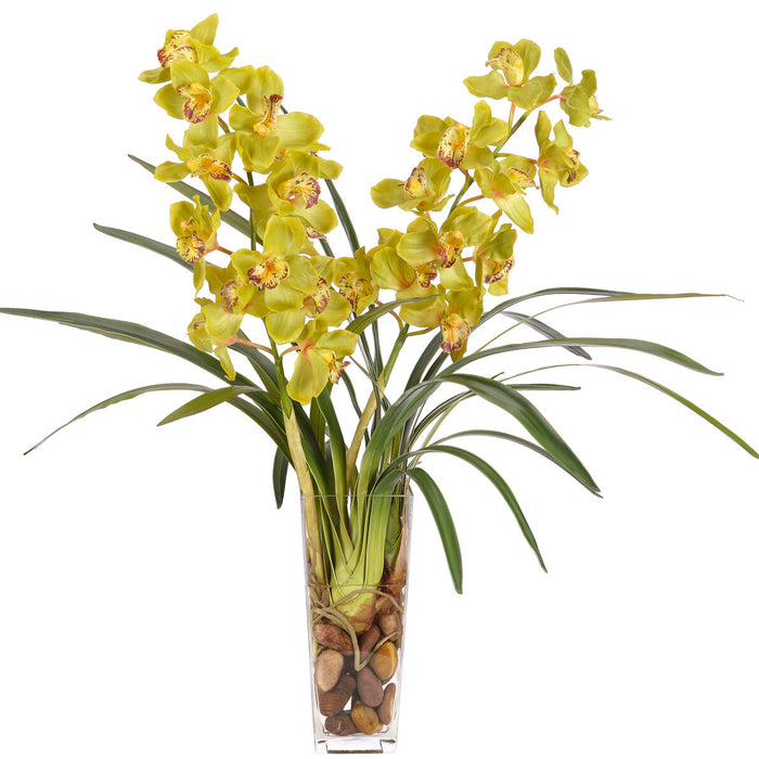 Green Orchid Cymbidium Silk Arrangement in Glass Square Vase, 32"