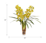 Green Orchid Cymbidium Silk Arrangement in Glass Square Vase, 32"